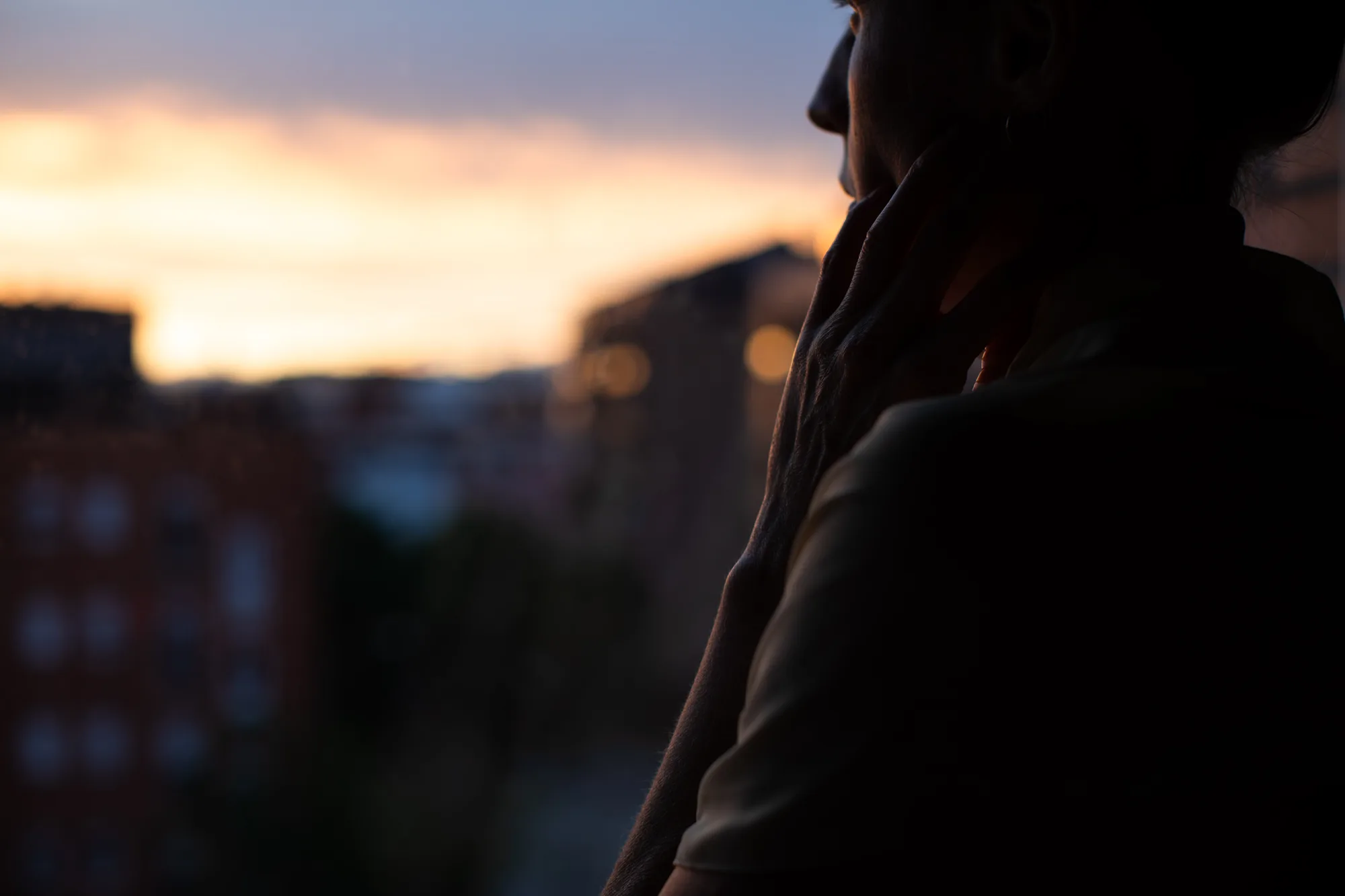 Silhouette looking out over rooftops at sunset